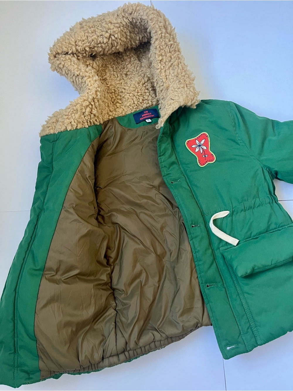 The Animals Observatory Kids Green Puffer Jacket with Sherpa Hood